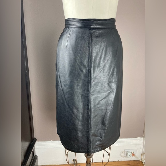 Black Leather Midi Skirt - Made in Italy - 27”W - Picture 2 of 14